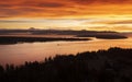 Sunrise Aerial View of Lummi Island and the Mainland With a Ferryboat Making a Morning Crossing.