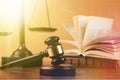 Justice Scales, books and gavel, close-up view Royalty Free Stock Photo