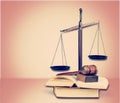 Justice Scales, books and gavel on wooden table Royalty Free Stock Photo