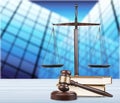 Justice Scales, books and gavel on wooden table Royalty Free Stock Photo