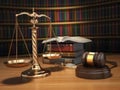 Justice concept. Gavel, golden scales and books in the library