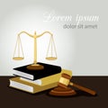 Justice concept. Justice scales, judge gavel and law books vector illustration, legal and anti crime symbol Royalty Free Stock Photo