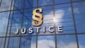 Justice court and law glass skyscraper with mirrored sky animation