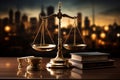 Justice elements Gavel, law books, and scales represent legal balance Royalty Free Stock Photo