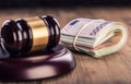 Justice and euro money. Euro currency. Court gavel and rolled Euro banknotes. Representation of corruption and bribery in the judi Royalty Free Stock Photo