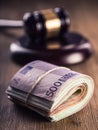 Justice and euro money. Euro currency. Court gavel and rolled Euro banknotes. Representation of corruption and bribery in the judi Royalty Free Stock Photo