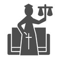 Justice figure solid icon. Stylized goddess of justice, themis and book. Jurisprudence vector design concept, glyph