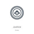 Justice icon. Thin linear justice outline icon isolated on white background from zodiac collection. Line vector sign, symbol for Royalty Free Stock Photo