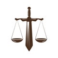 Justice, judgment icon. Law office, attorney, lawyer logo or label. Judicial scales and sword symbol, vector Royalty Free Stock Photo