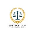 Justice law badge logo design template with scales vector illustration