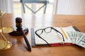 Justice law and books and wooden gavel tool on desk in Lawyer office.concept Royalty Free Stock Photo