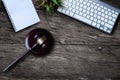 Justice and law concept.Lawyer workplace with laptop and documents with dark wooden. Royalty Free Stock Photo