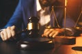 Justice and law concept.Male lawyer in the office with brass scale on wooden table, Royalty Free Stock Photo