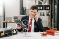 justice and law concept. Mature Male judge in a courtroom the gavel, working with smart phone and laptop and digital tablet Royalty Free Stock Photo