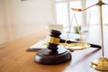 Justice law and books and wooden gavel tool on desk in Lawyer office.concept Royalty Free Stock Photo