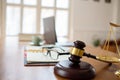 Justice law and books and wooden gavel tool on desk in Lawyer office.concept Royalty Free Stock Photo