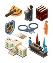 Justice legal isometric. Law hammer books judge lawyer criminal court and other 3d vector symbols isolated