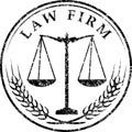 Justice scale icon with caption LAW FIRM in grunge rubber stamp