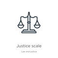 Justice scale icon. Thin linear justice scale outline icon isolated on white background from law and justice collection. Line Royalty Free Stock Photo
