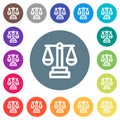 Justice scale outline flat white icons on round color backgrounds Royalty Free Stock Photo