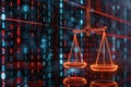 Justice Scales in Digital Format with Binary Code Background on Computer Screen Royalty Free Stock Photo