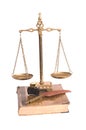 Justice scales, feather with an inkwell and the old book Royalty Free Stock Photo