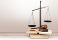 Justice Scales, gavel and books on light Royalty Free Stock Photo