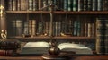 Justice Scales Gavel on Desk - Law Bookshelves Background, Symbol of Law Royalty Free Stock Photo