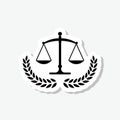 Justice scales icon. Judgement laurel wreath sticker isolated on gray background