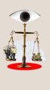 Justice. Scales with people, candidates on one side and money coins on another over big eye looking. Voting Royalty Free Stock Photo