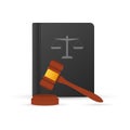 Justice scales and wood judge gavel. Wooden hammer with law code books. Vector illustration Royalty Free Stock Photo