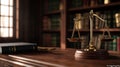 Golden Scales of Justice and Law Book on Desk in Library Royalty Free Stock Photo