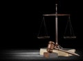 Justice Scales and wooden gavel and book on wooden Royalty Free Stock Photo