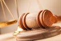 Justice Scales and wooden gavel on wooden table Royalty Free Stock Photo