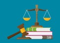 Justice scales and wooden judge gavel. Law hammer sign with books of laws. Legal law and auction symbol. Libra in flat design. Royalty Free Stock Photo