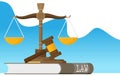 Justice scales and wooden judge gavel. Law hammer sign with books of laws. Legal law and auction symbol. Libra in flat design. Royalty Free Stock Photo