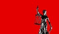 Justitia, the Roman goddess of Justice with red background.