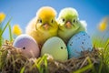 Chicks and painted easter eggs in fresh green grass Royalty Free Stock Photo