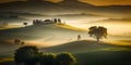 Golden Hour in Tuscany, beautiful Sunrise over Rolling Hills and houses, countryside Landscape View, Panorama