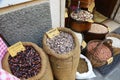 Various types of legumes on sale in Norcia, Italy