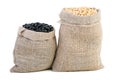 Jute sacks with soja beans and black legume