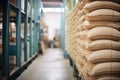 jute sacks stacked in food processing warehouse