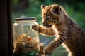 juvenile animal figuring out how to open a food container