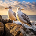 Juvenile herring gulls on rocks of the Jersey Island Made With Generative AI illustration