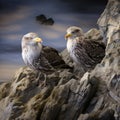 Juvenile herring gulls on rocks of the Jersey Island Made With Generative AI illustration