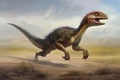 A juvenile Megaraptor sprinting across an open plain its powerful legs carrying it swiftly.. AI generation