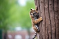 a juvenile sumatran tiger climbing a sturdy tree