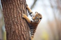 a juvenile sumatran tiger climbing a sturdy tree