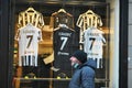 Juventus FC celebrate the acquisition of Dusan Vlahovic with jersey number 7 on display at flagship store