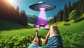 relaxed observer watches as a ufo beams up a cow, blending serene nature with the surreal Royalty Free Stock Photo